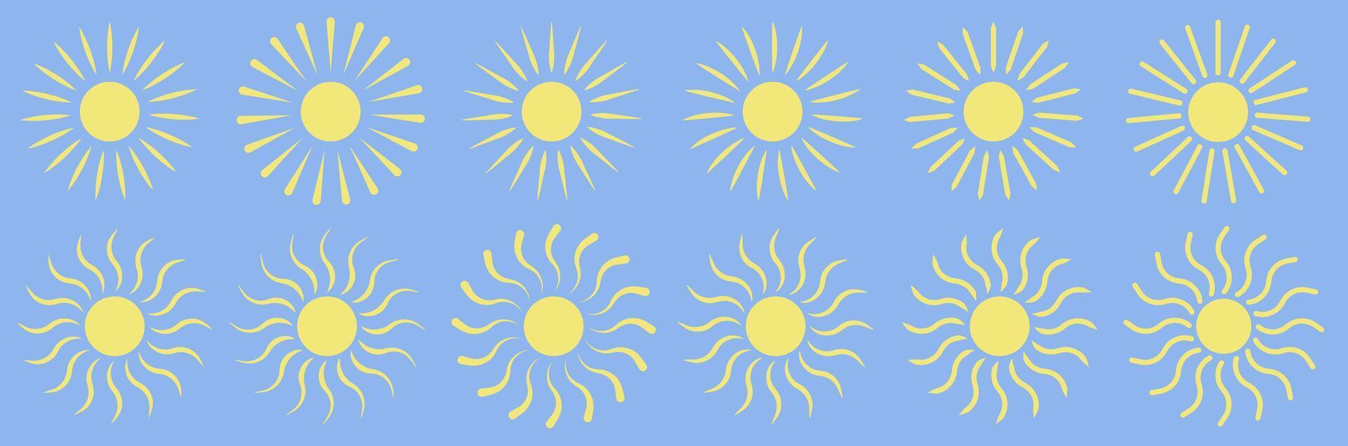 Sun icon symbol set. Flat yellow sun cartoon shape isolated on white background. vector
