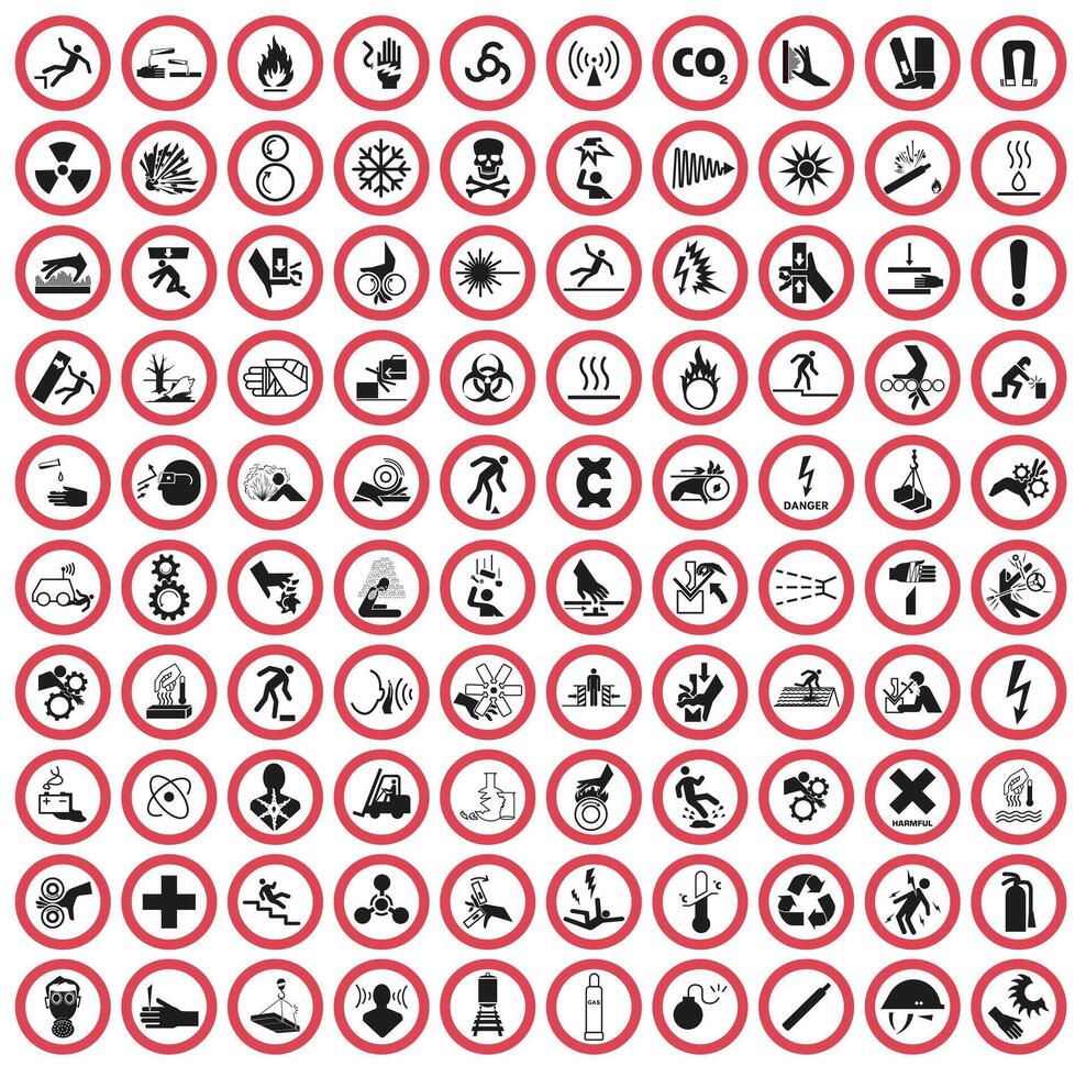 Collection of warning and safety signs. Set of safety and caution signs. Round white signs with a red border. vector