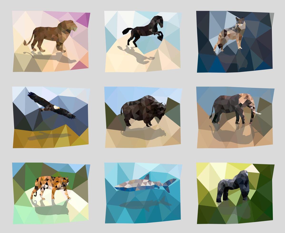 Polygonal silhouettes of animals. Triangulation of wild animals, birds and fish against multicolored background. vector