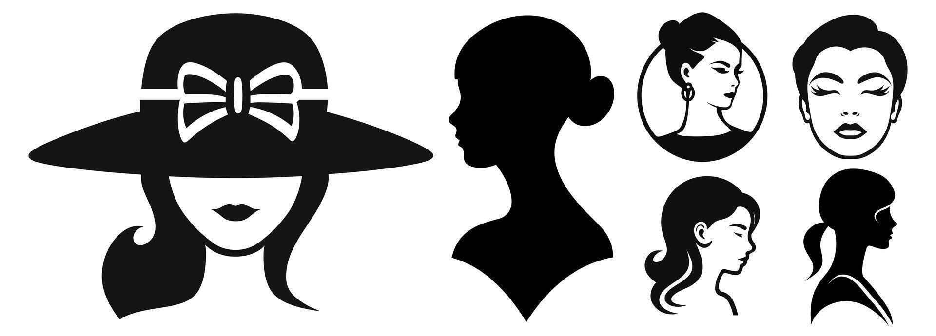 Collection of women silhouettes in black color, elegant lady, profile, fashion, beauty vector