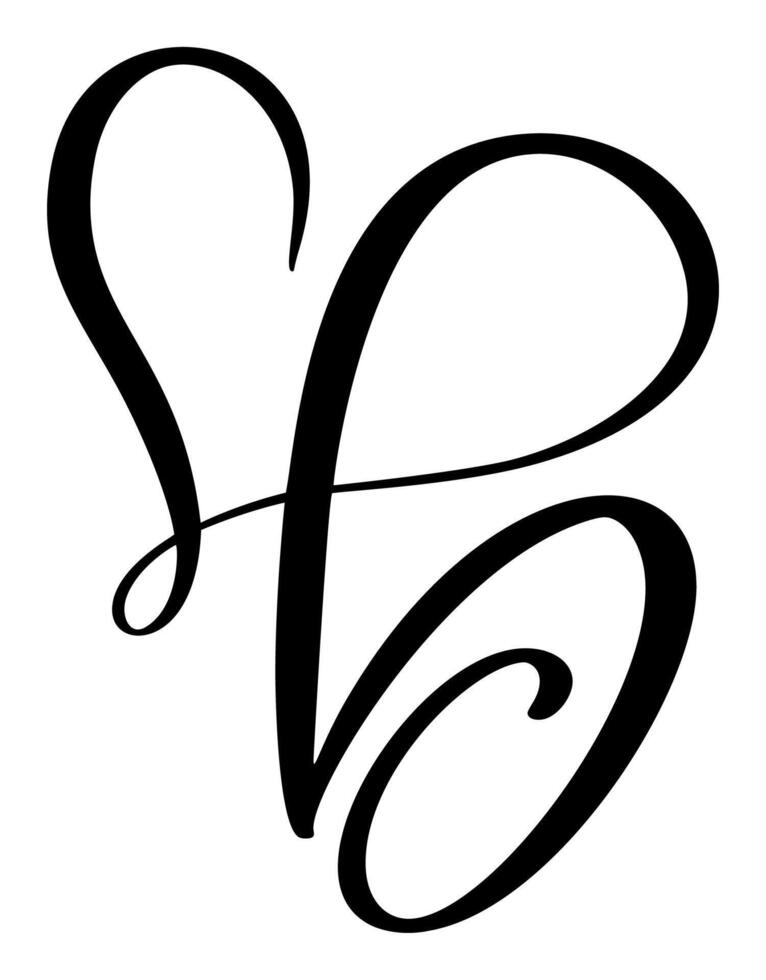 Script capital font logo calligraphy love letter B initial. Hand drawn brush style flourish. Vintage heart monogram. Valentine flourish element. Sign for page decoration design illustration vector