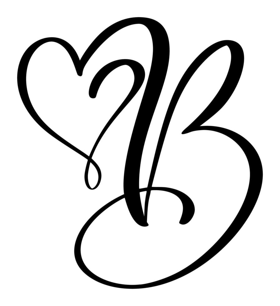 Hand drawn calligraphy love letter B. Script capital font logo. Handwritten brush style flourish. Vintage heart monogram. vector