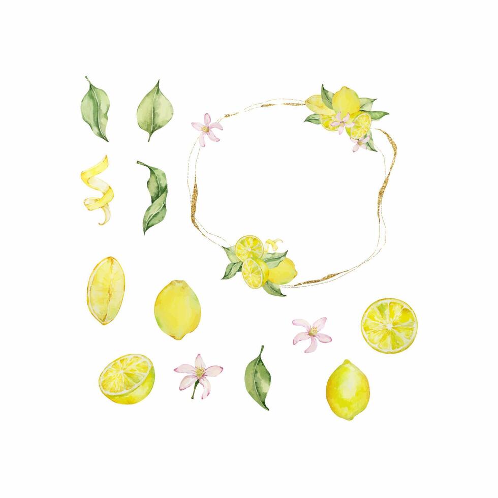 Gold frame with watercolor lemon, leaves and flowers vector