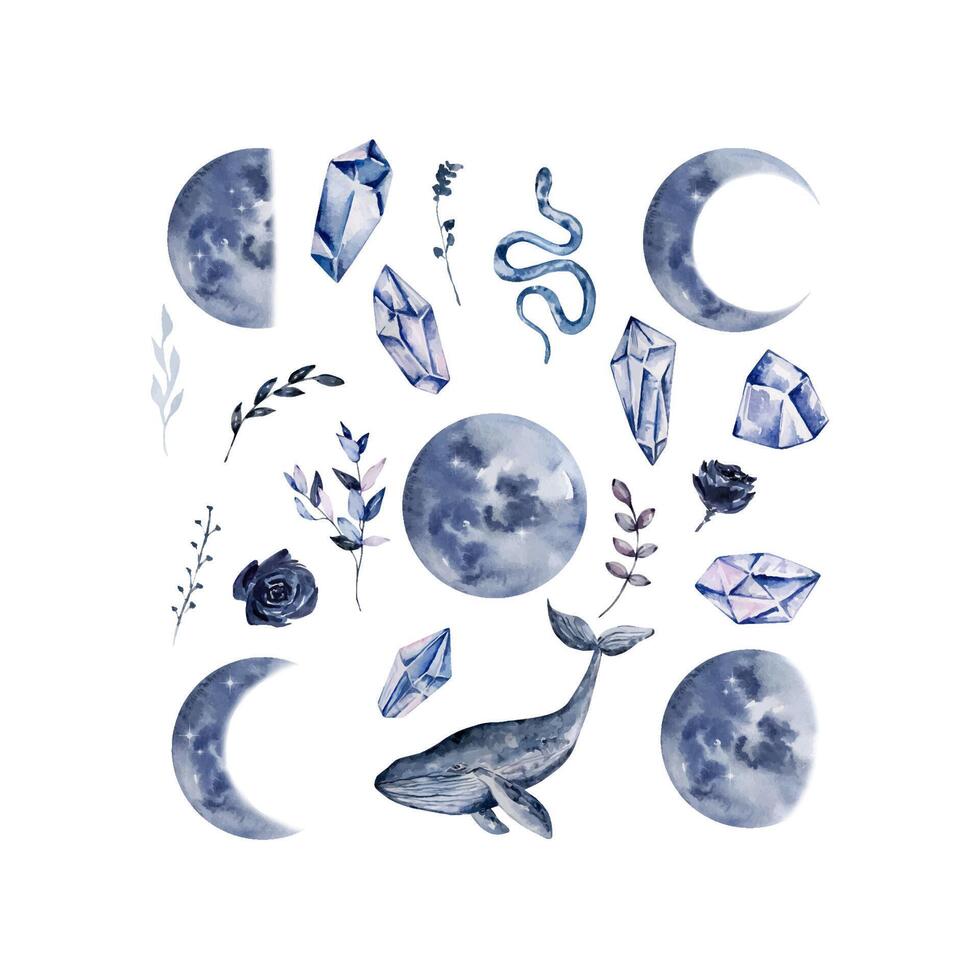 Watercolor boho moon set vector