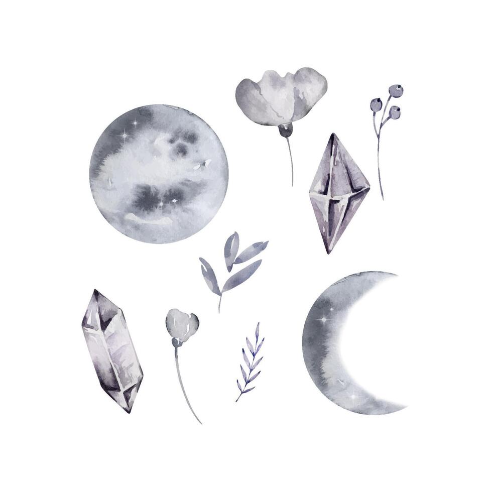 Watercolor boho moon set vector