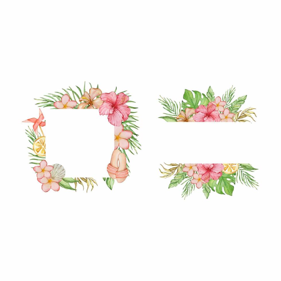 Watercolor tropical frames set with flowers and leaves vector