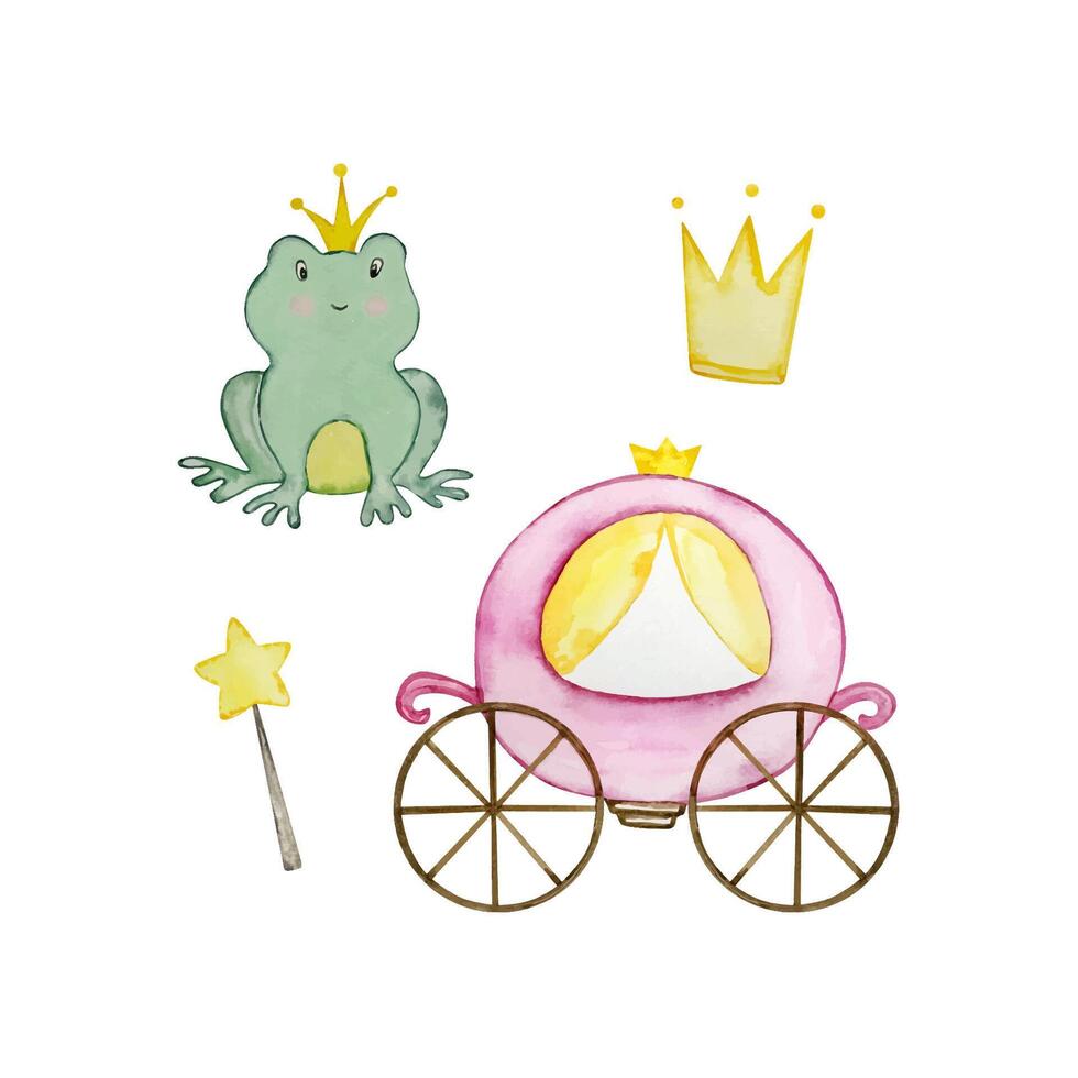 Watercolor fairy tale set, cute frog, princess carriage, nursery vector