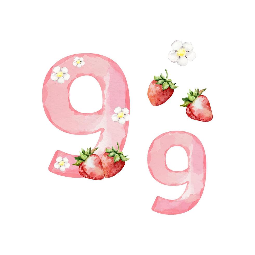 Watercolor pink number 9 with strawberry and flowers vector