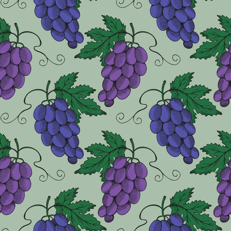 Flat grapes branches background. Hand drawn seamless pattern with grape seed, fruits. Design for textile, wrapping. The images are created without use of any artificial intelligence software vector