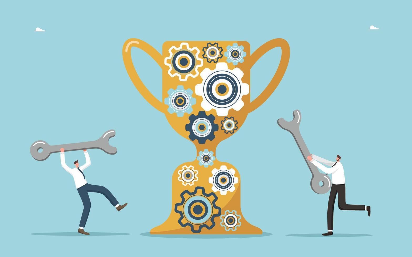 Men near trophy with gears vector