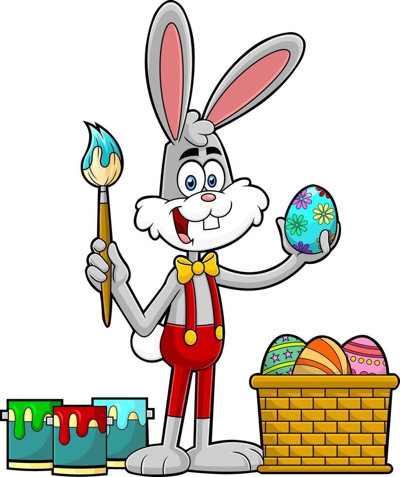 Happy Rabbit Cartoon Character Painting Easter Eggs vector