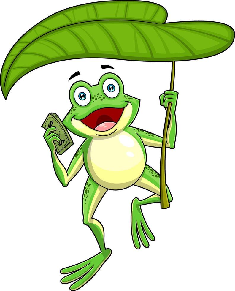 Cute Green Frog Cartoon Character Holds A Leaf Umbrella And A Wad Of Dollars vector
