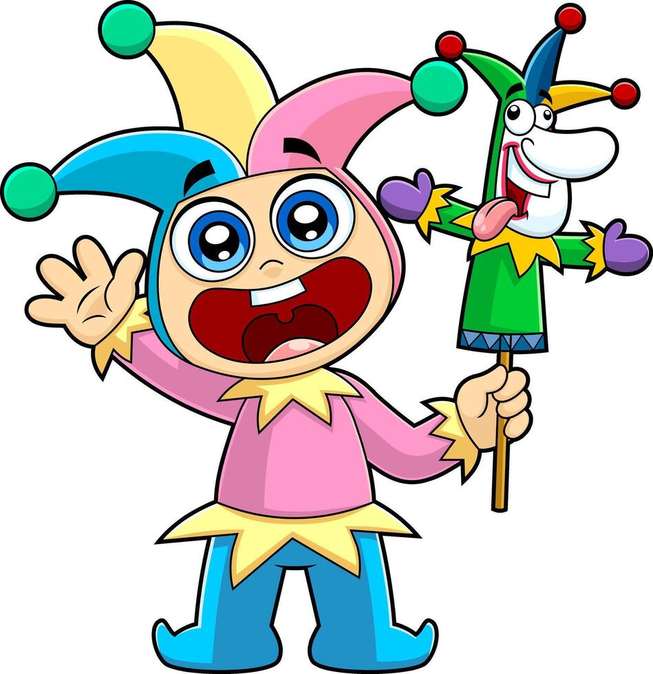 Happy Kid Cartoon Character With Costume And Jolly Jester Toy vector