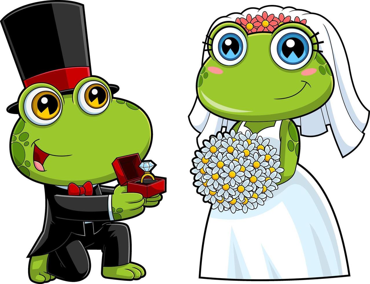 Cute Frogs Cartoon Characters Newlyweds. Hand Drawn Illustration Isolated On Transparent Background vector