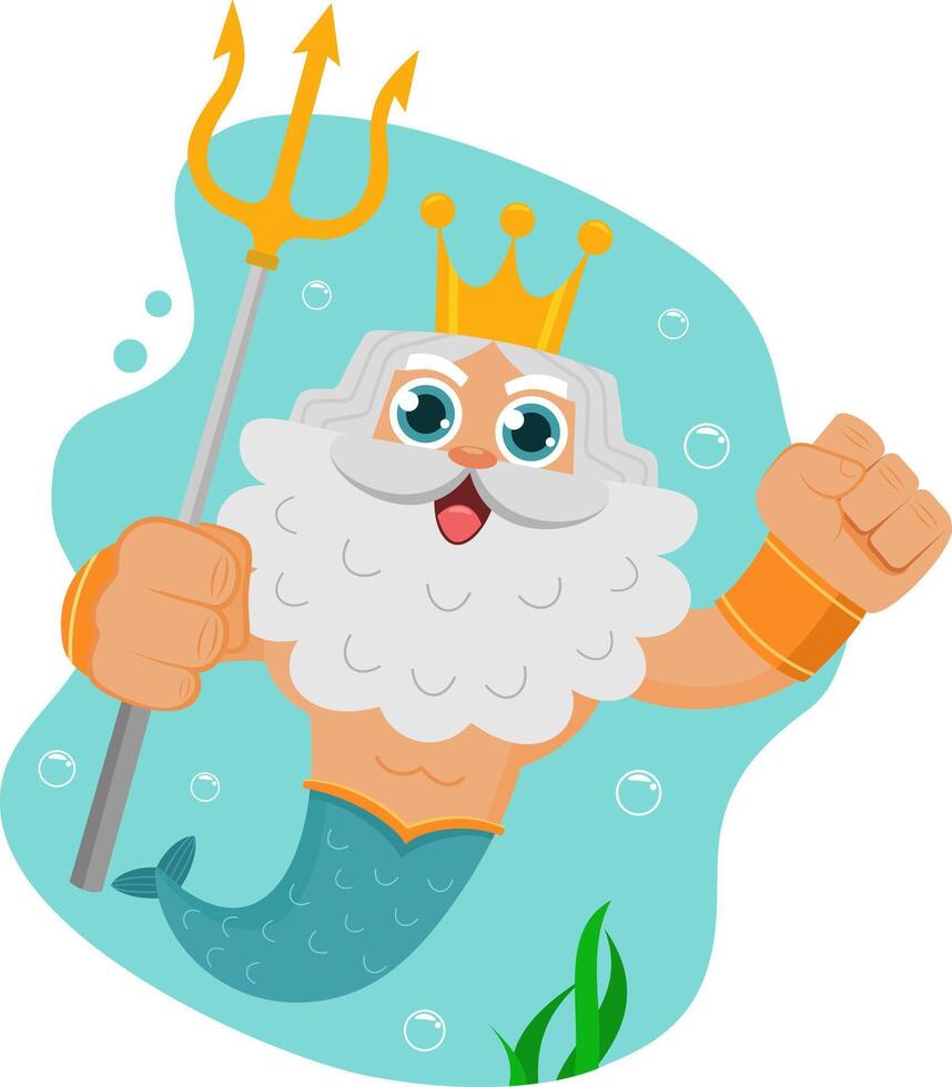 Sea God Poseidon Neptune Cartoon Character Swims Underwater With Trident vector
