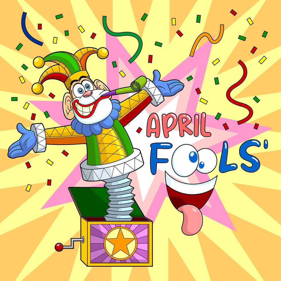 Funny Jolly Jester Monkey Toy Cartoon Character Exit From Surprise Box vector