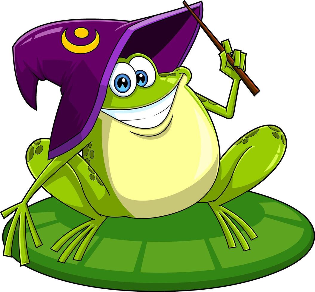 Cute Green Frog Cartoon Character With Wizard Hat And Magic Wand. Hand Drawn Illustration Isolated On Transparent Background vector