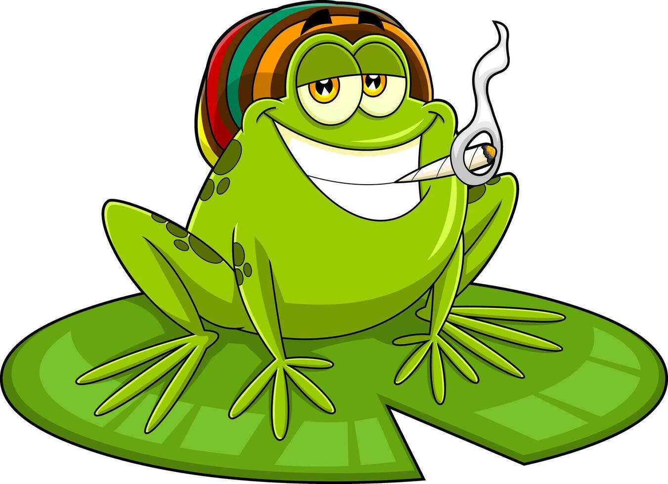 Smiling Green Frog Cartoon Character Sitting On A Leaf And Smoking A Joint vector