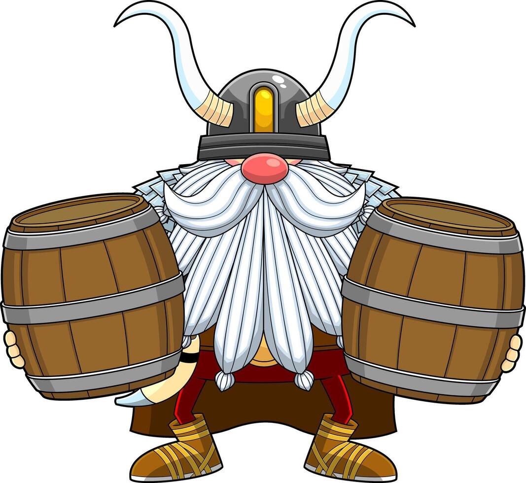 Gnome Viking Warrior Cartoon Character Carry Two Wooden Barrels Of Beer vector