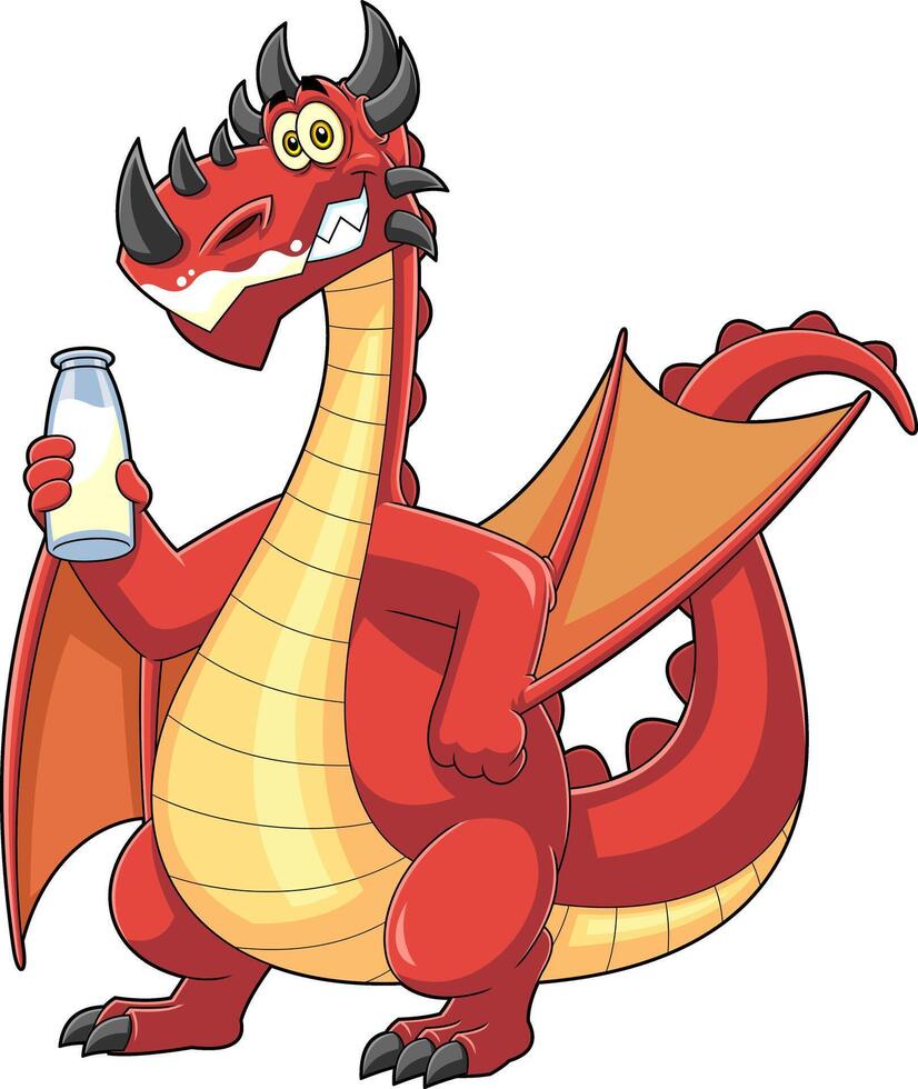 Funny Red Dragon Cartoon Character Drinks Milk From A Bottle vector