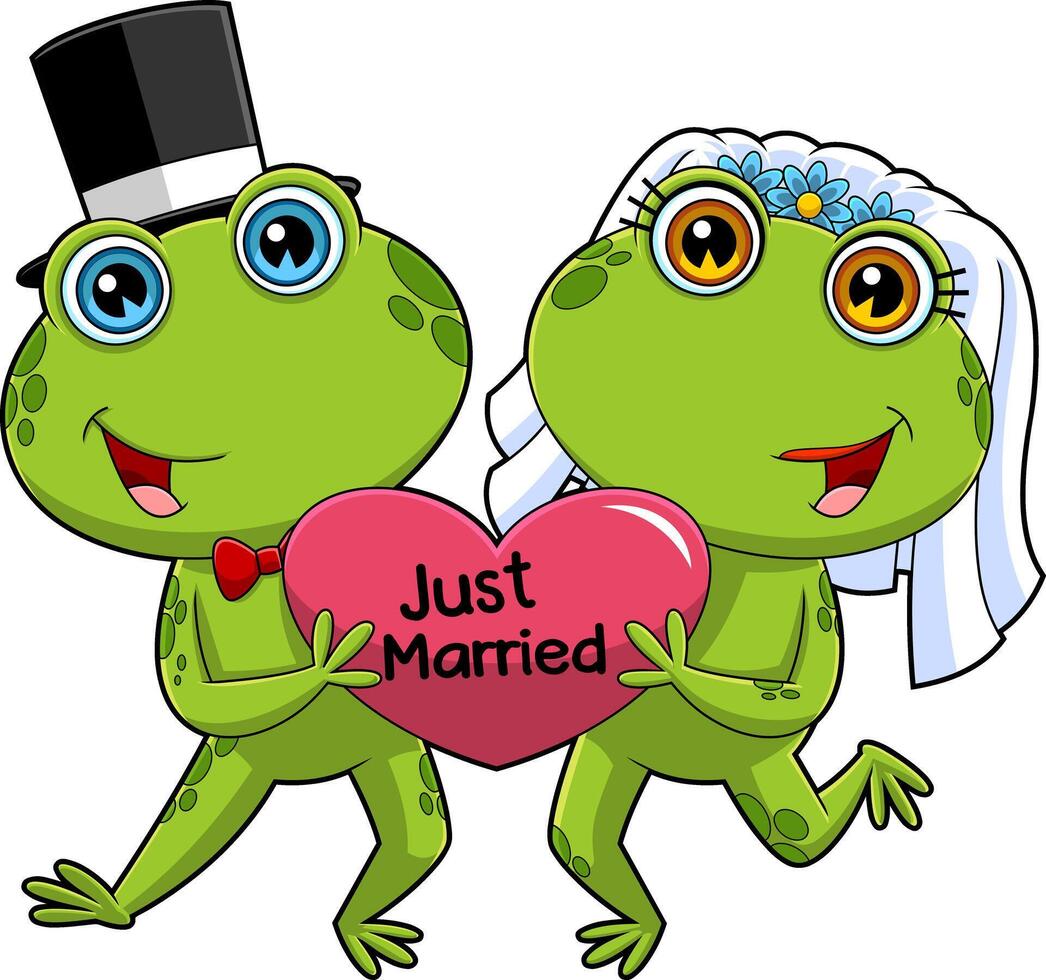 Cute Frogs Cartoon Characters Newlyweds. Hand Drawn Illustration Isolated On Transparent Background vector