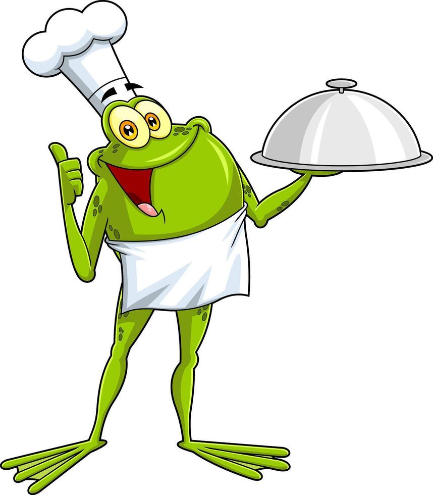 Frog Chef Cartoon Character Holding A Sliver Platter And Giving A Thumbs Up vector