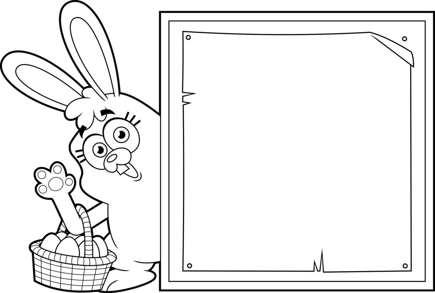 Outlined Bunny Cartoon Character With Basket Of Easter Eggs Waving Behind Sign vector