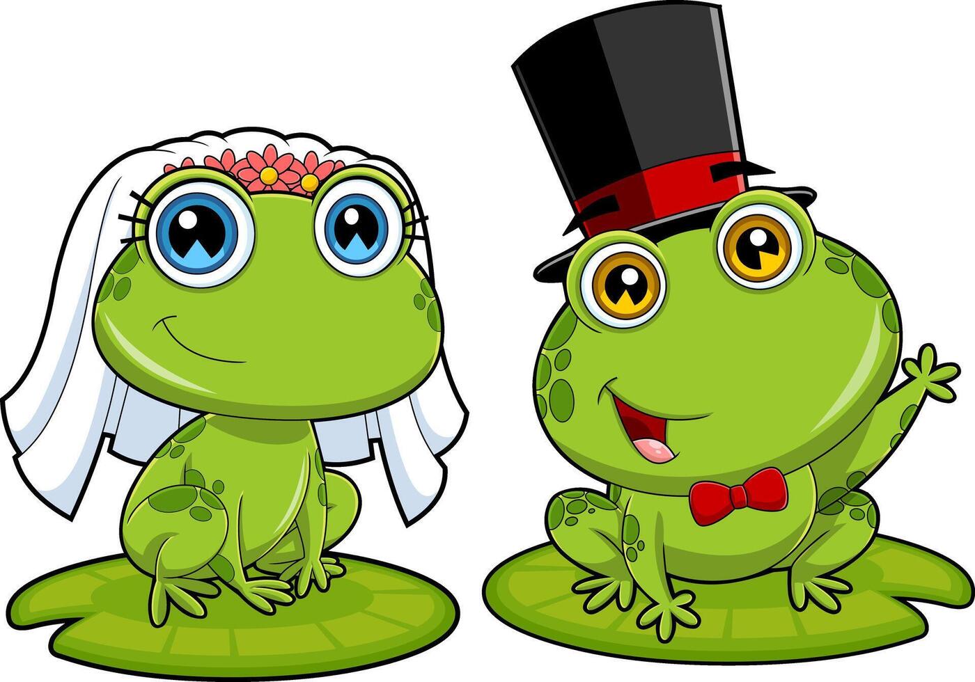 Cute Frogs Cartoon Characters Newlyweds. Hand Drawn Illustration Isolated On Transparent Background vector