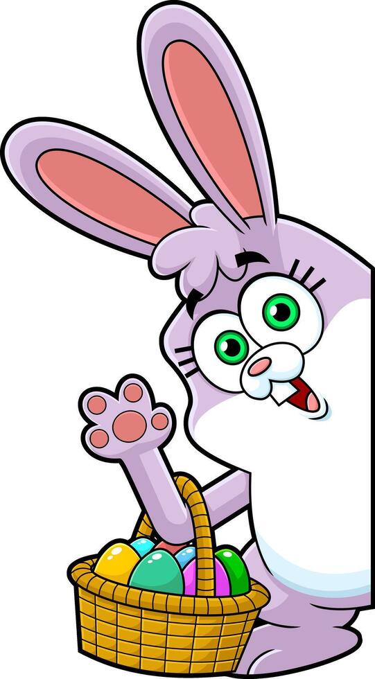 Funny Bunny Cartoon Character With Basket Of Easter Eggs Waving From The Corner vector