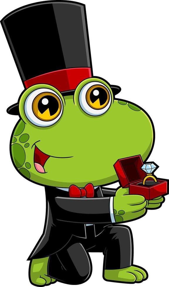 Cute Groom Frog Cartoon Character Giving Engagement Diamond Ring vector