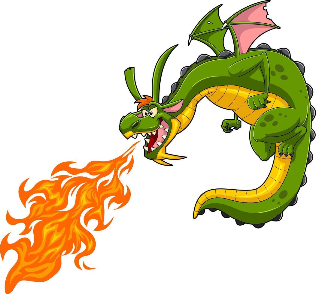 Angry Green Dragon Cartoon Character Flying And Spitting Fire vector