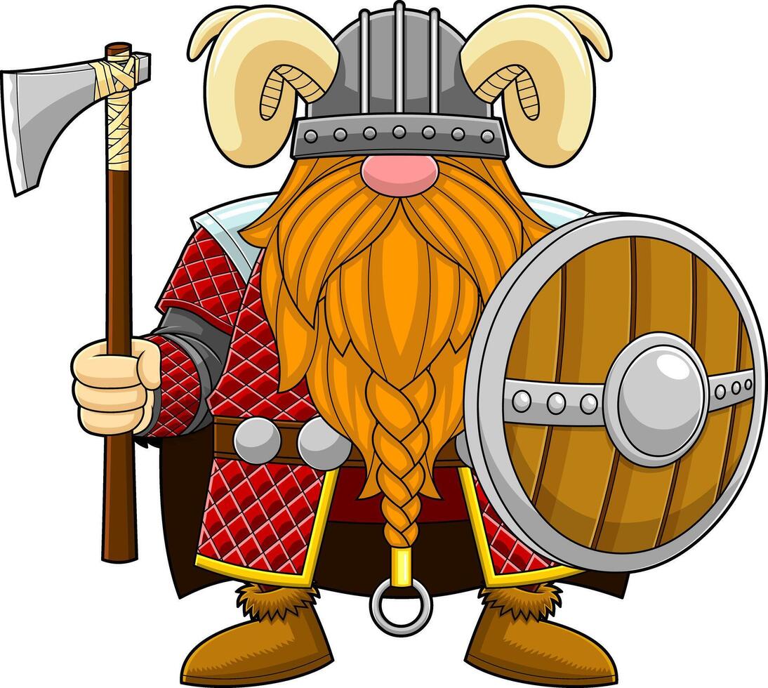 Gnome Viking Warrior Cartoon Character With Axe And Shield vector