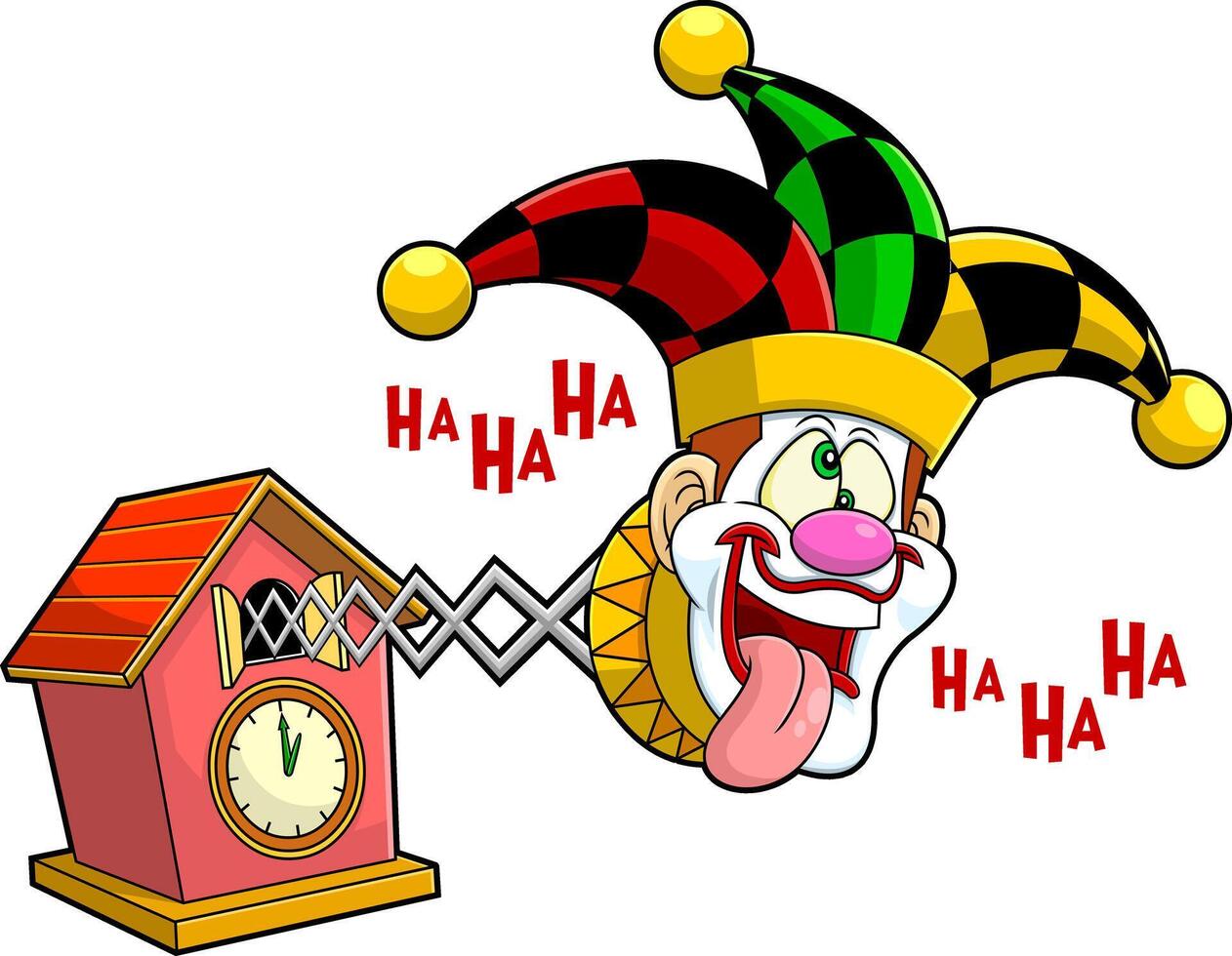 Funny Jolly Jester Toy Cartoon Character Exit From Cuckoo Birdhouse Clock vector