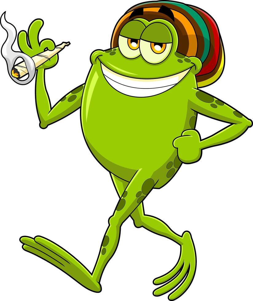 Smiling Frog Cartoon Character Walking And Smoking A Joint vector