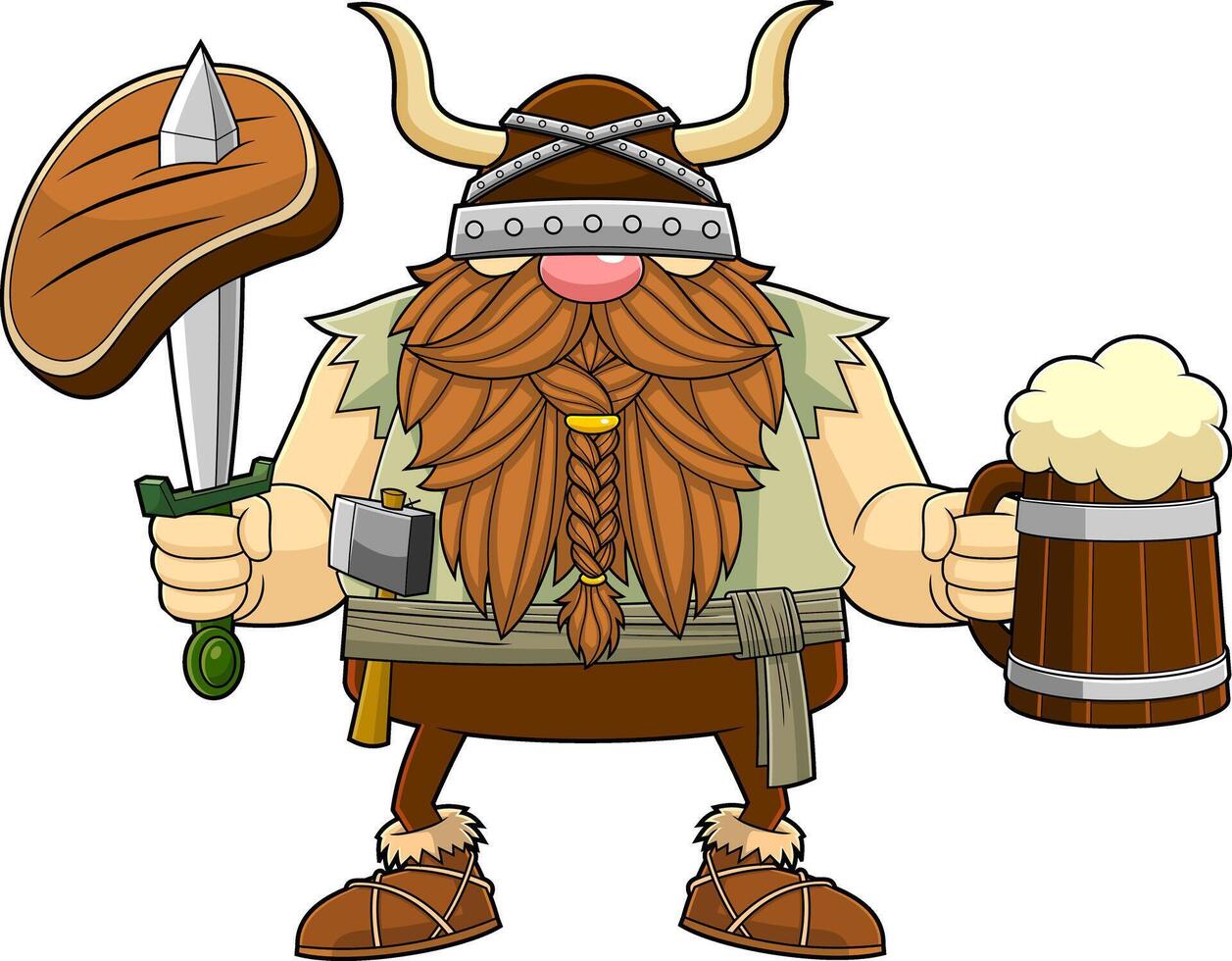 Gnome Viking Warrior Cartoon Character Holding A Sword With Steak And Mug of Beer vector