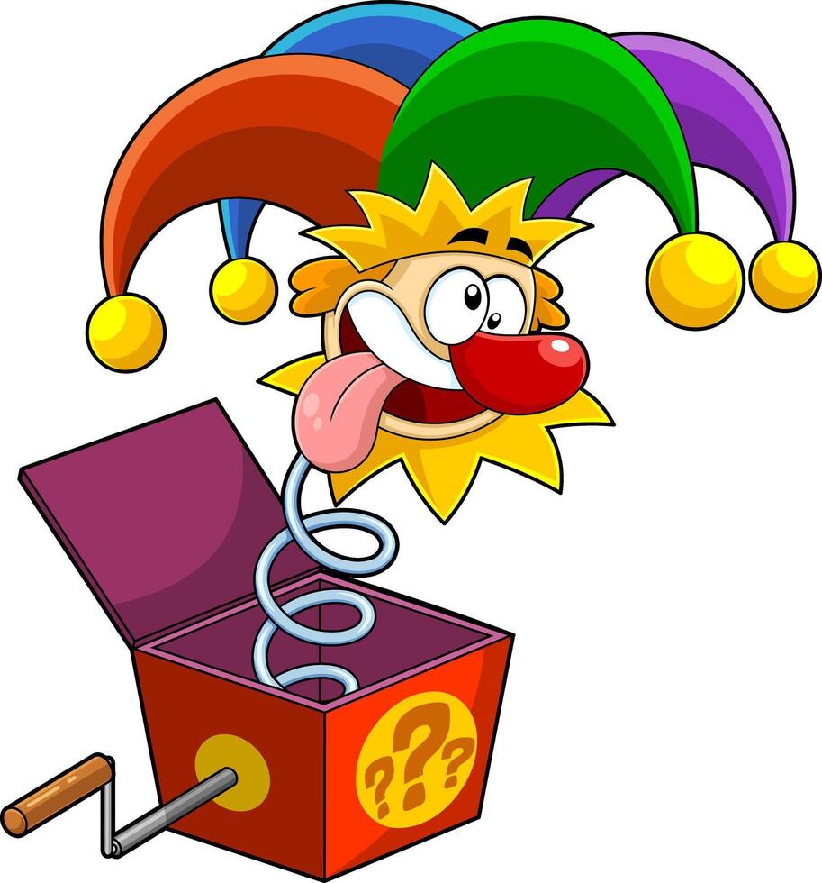 Funny Jolly Jester Cartoon Character Exit From Surprise Box vector
