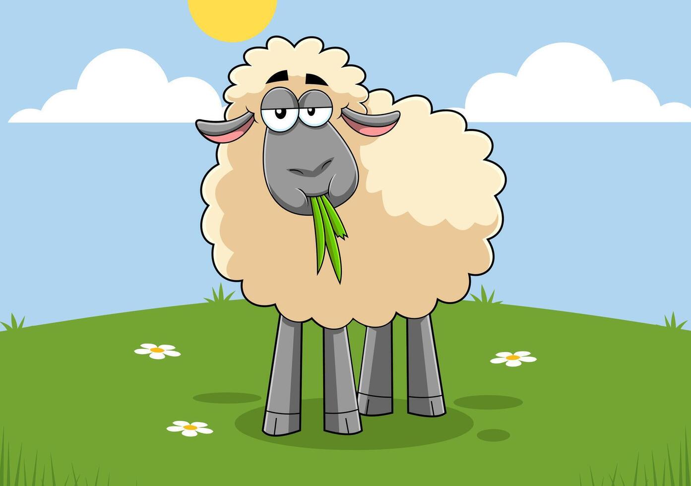 Funny Sheep Cartoon Character Eating A Grass vector