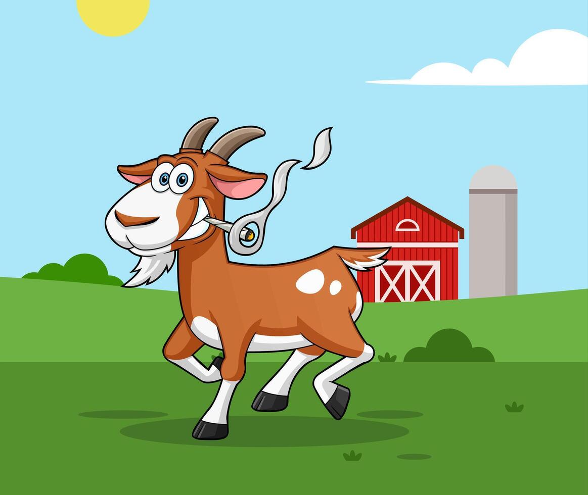Funny Goat Cartoon Character Running And Smoking A Join vector