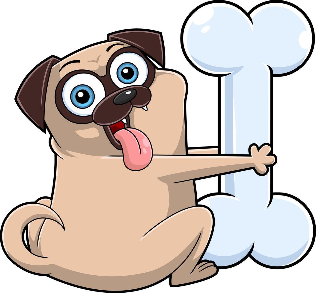 Funny Pug Dog Cartoon Character Holds A Big Bone vector