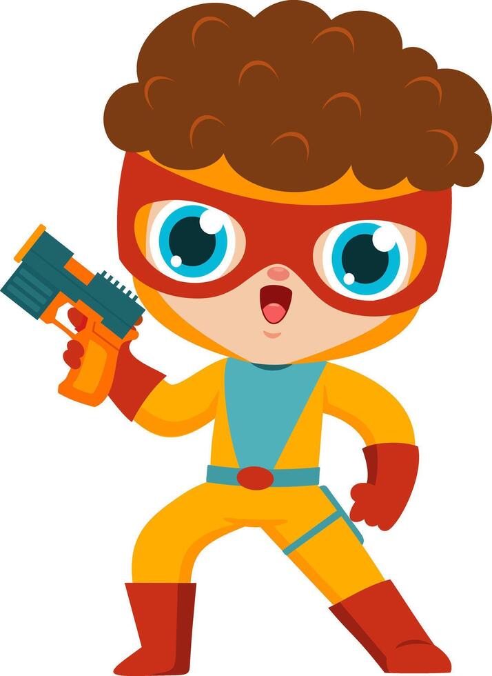 Cute Super Hero Kid Boy Cartoon Character With Gun vector