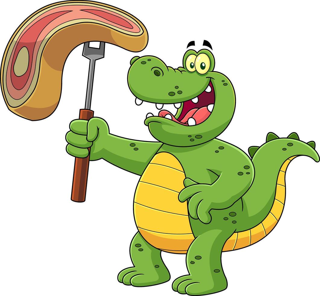 Alligator Or Crocodile Cartoon Mascot Character Holding A Raw Steak On BBQ Fork vector