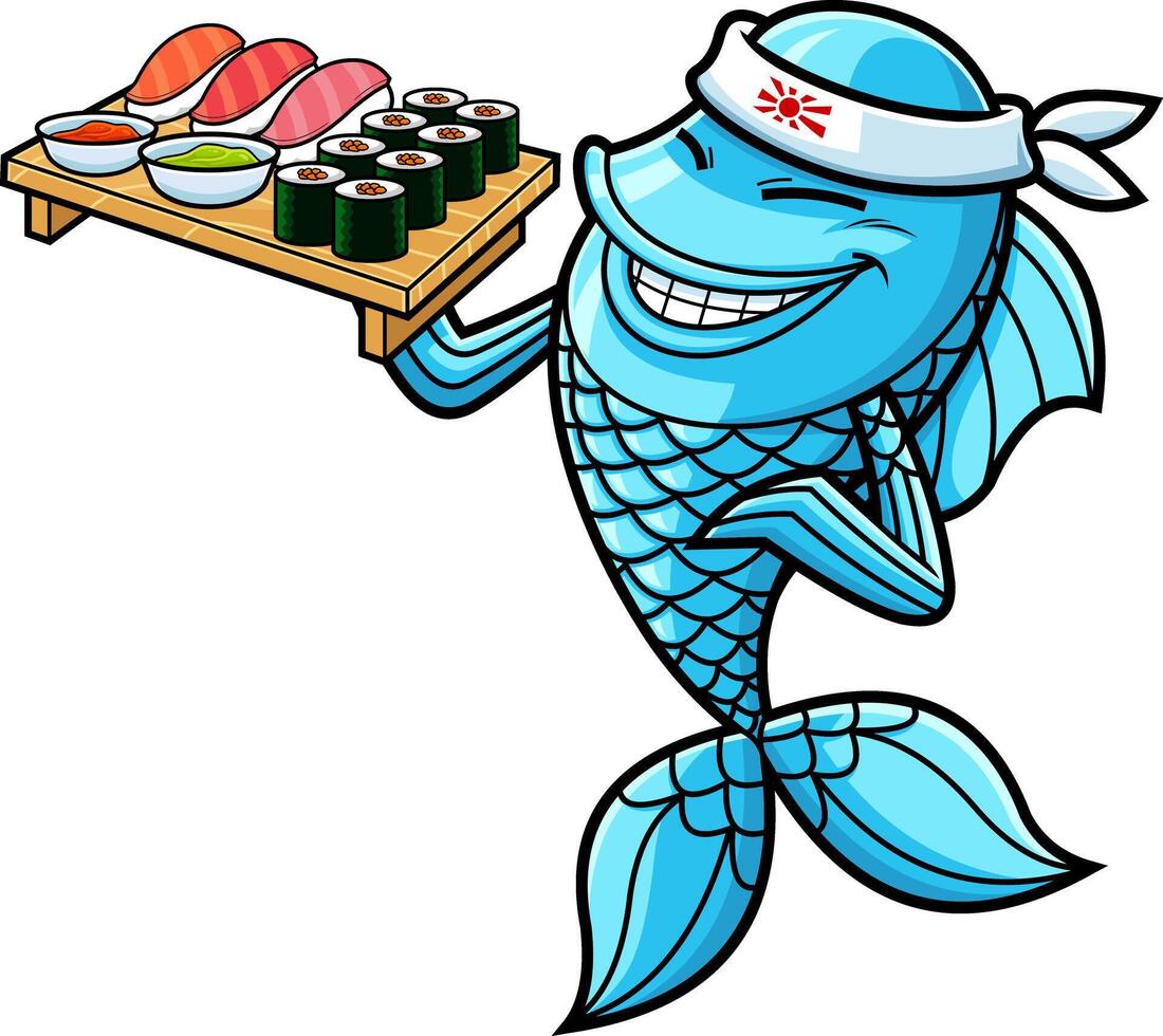 Fish Sushi Chef Cartoon Character Showing Sushi Set Japanese Seafood vector