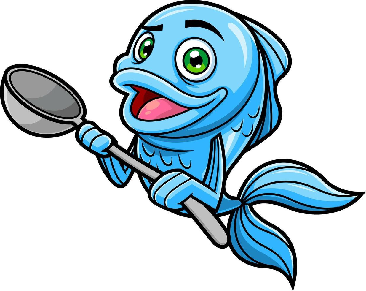 Fish Chef Cartoon Character Holding A Big Spoon vector