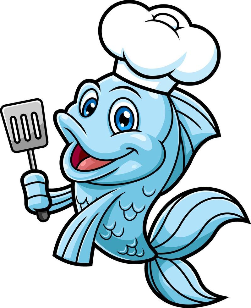 Cute Fish Chef Cartoon Character Holding A Slotted Spatula vector