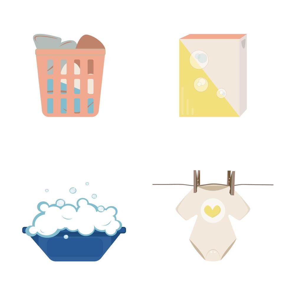 Laundry elements set on white background. Basket with clothes. Baby bodysuit on rope. Laundry detergent Box. vector