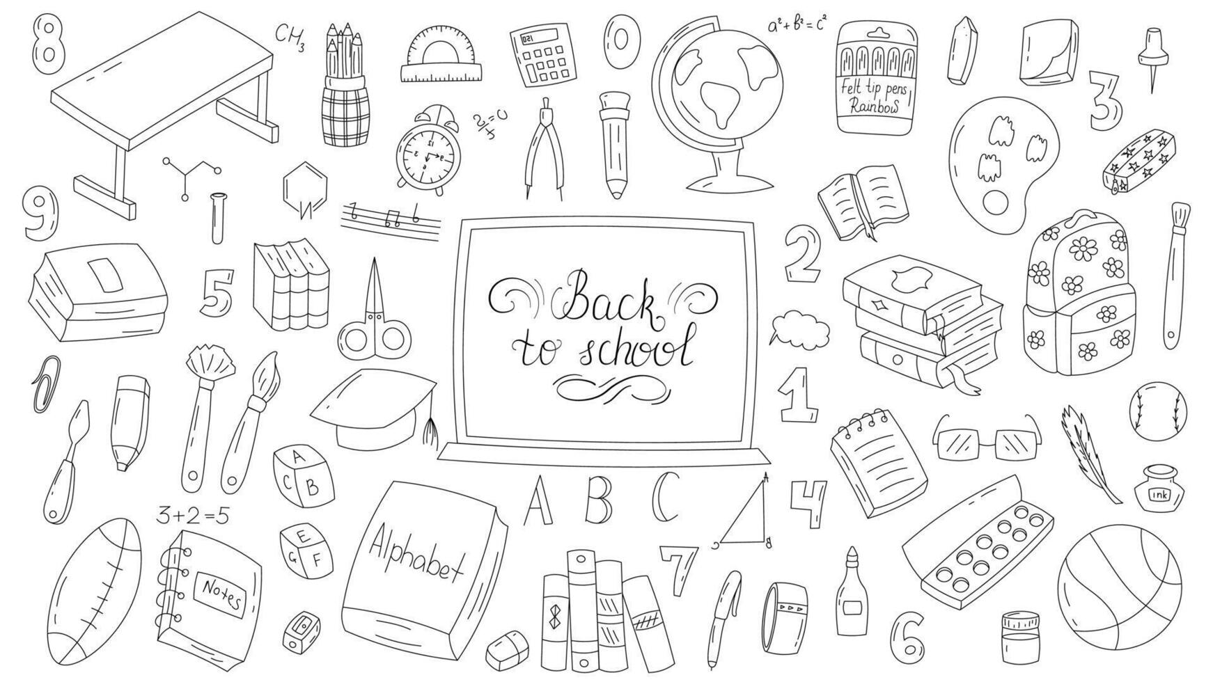 School elements collection. Childrens cute school elements doodle collection. Pencil, books, bag, globe, stationery, textbooks and notebooks. White background vector