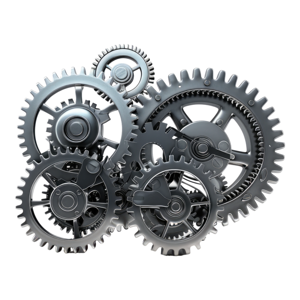 Metallic gears and COG wheels working together isolated on transparent background png