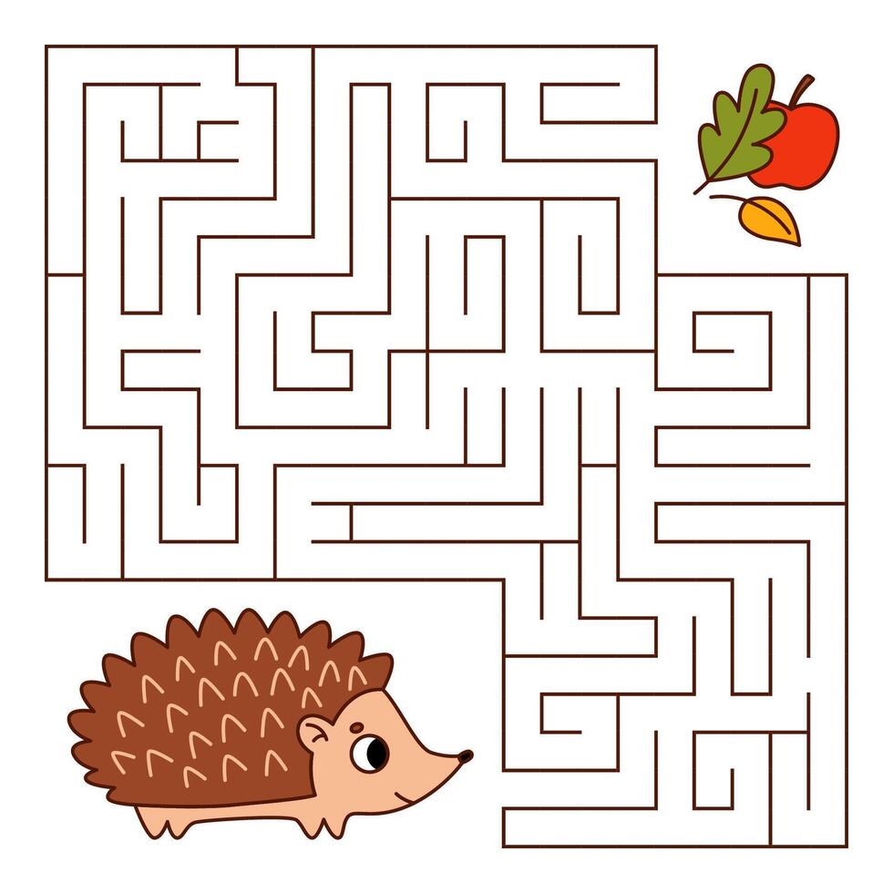 Animal maze game for kids. Cute hedgehog looking for a way to the apple and leaves. Printable worksheet with solution for school and preschool. vector