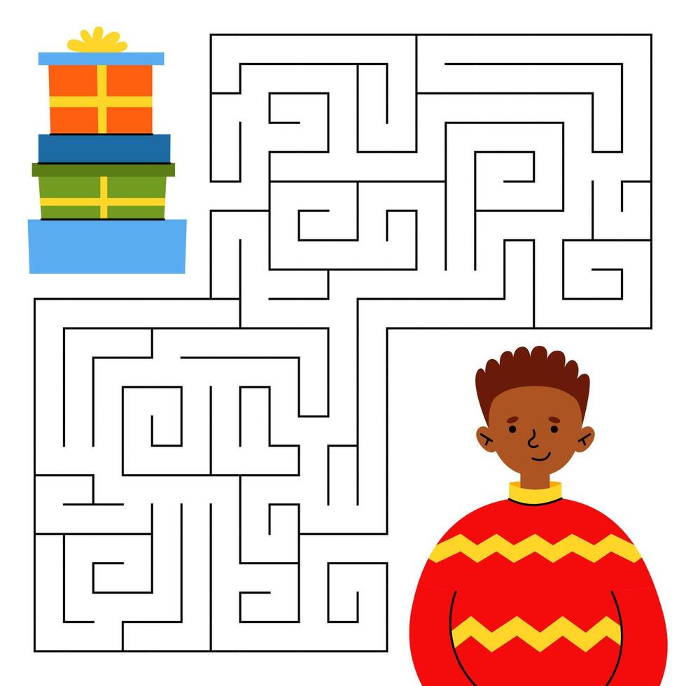 Christmas maze game for kids. Cute boy looking for a way to the gift. Printable worksheet with solution for school and preschool. vector