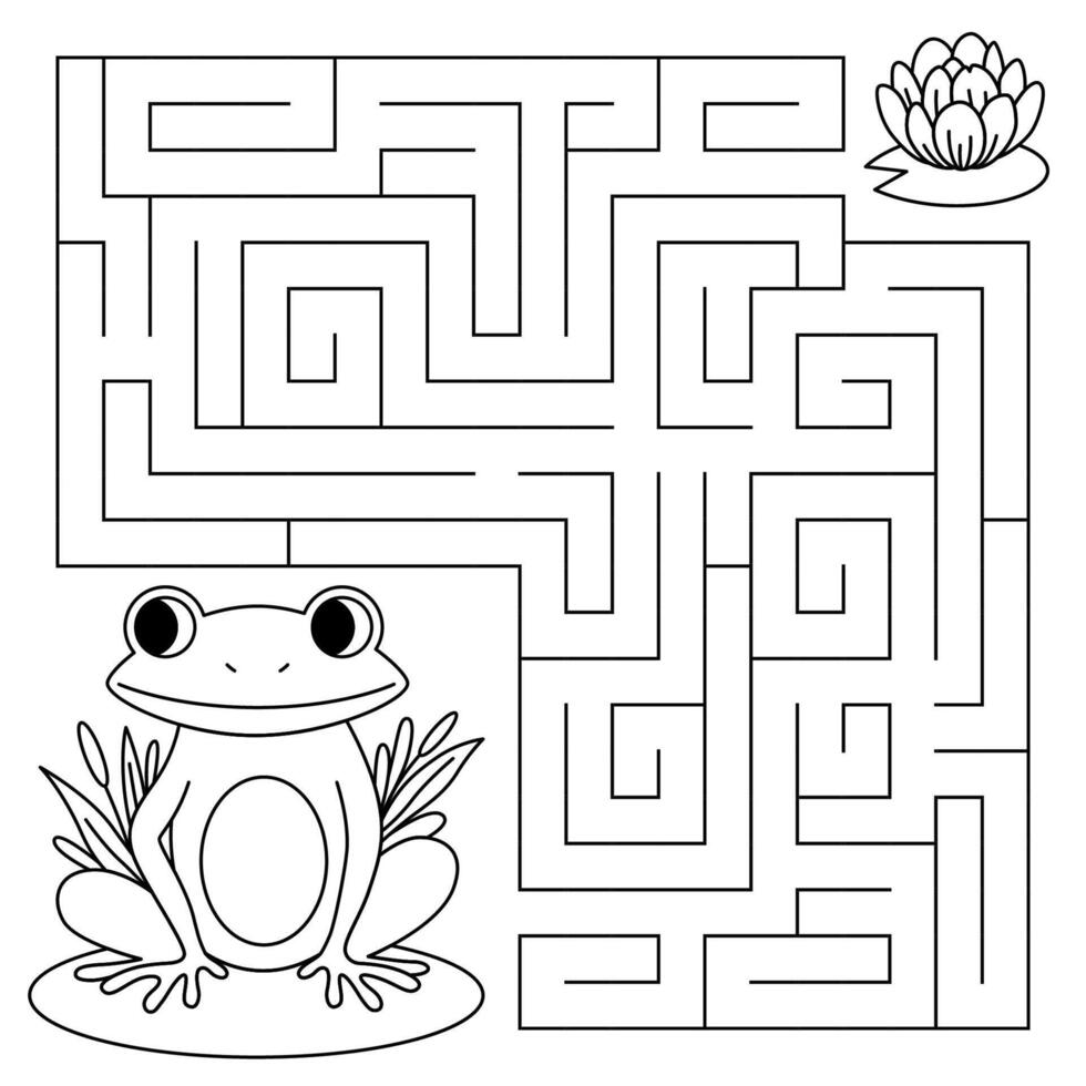 Animal maze game for kids. Cute line frog looking for a way to the water lily. Printable worksheet with solution for school and preschool. vector